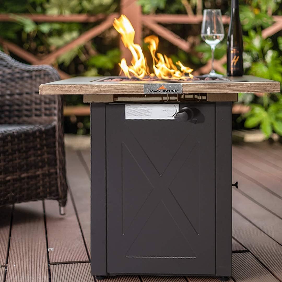 LEGACY HEATING Propane Fire Pit Table Doba Wood Stainless Steel